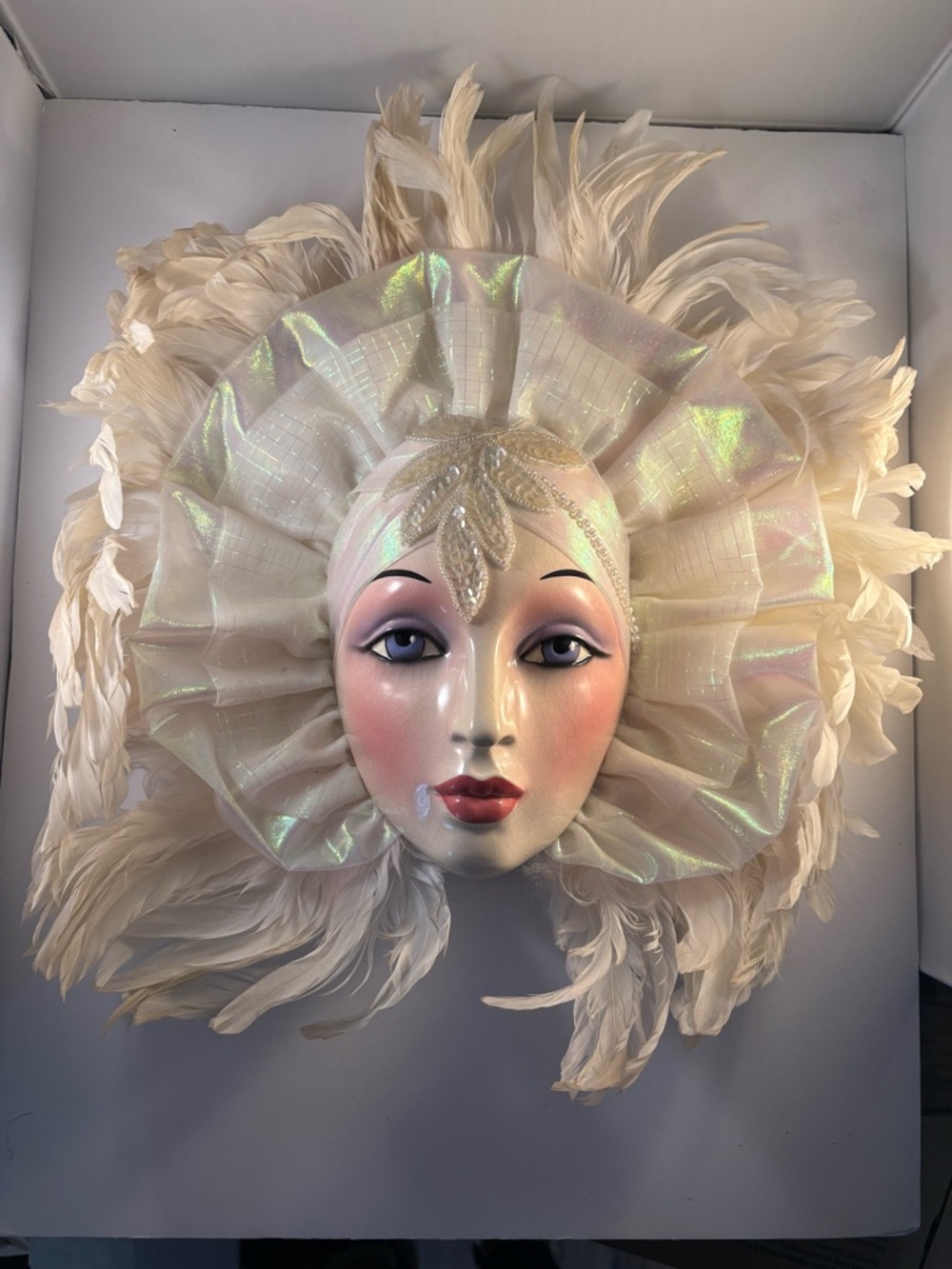 Clay Art San Francisco Ceramic Lady Face Wall Mask White Ivory Feathers 17”x14”